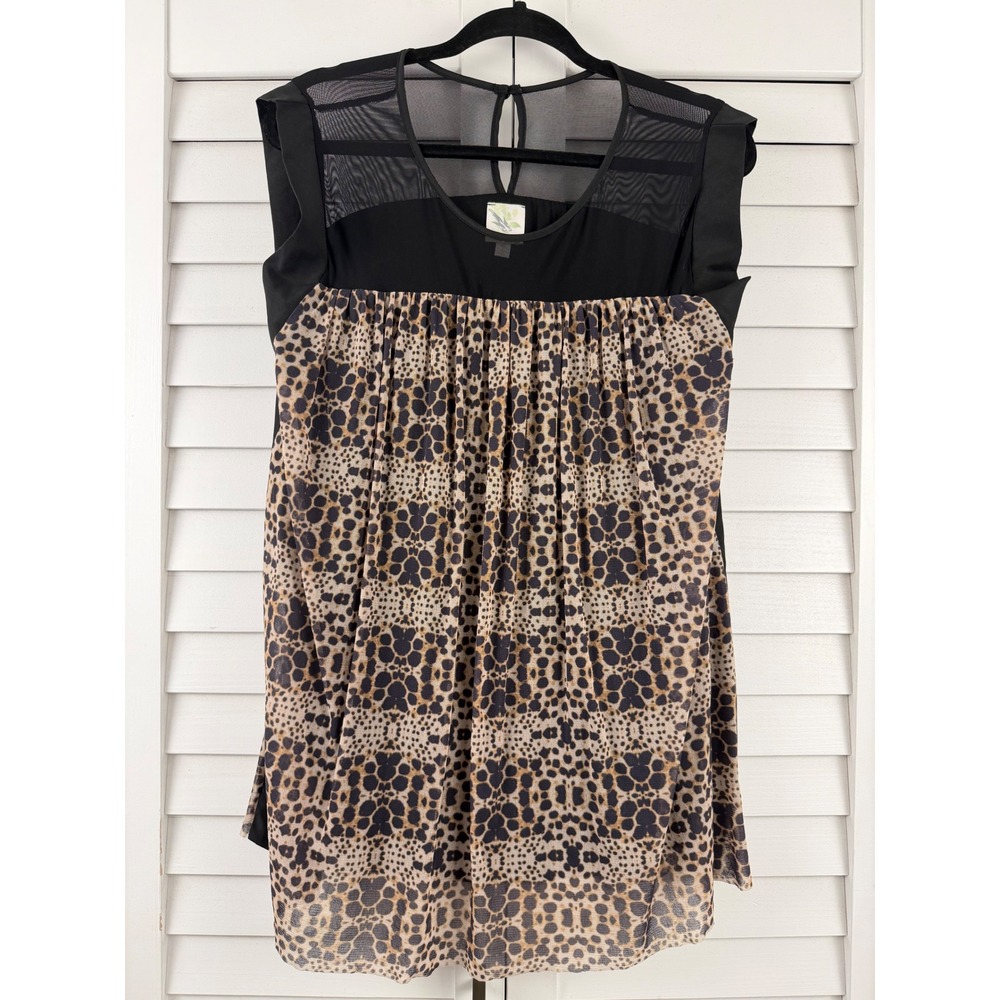 Weston Wear Blouse Womens L Black Leopard Mesh Yoke‎ Sleeveless Mixed Media